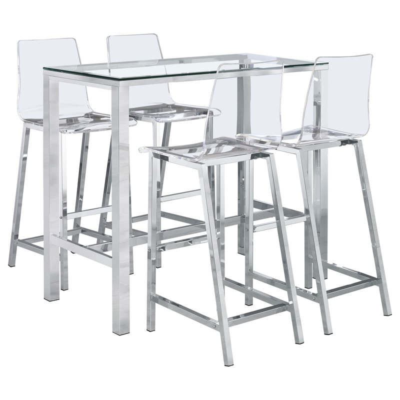 Clear Glass and Chrome 5-Piece Bar Set with Acrylic Chairs