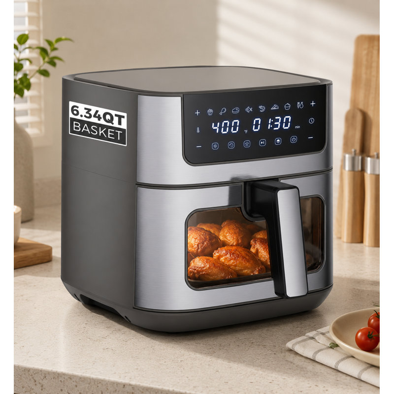 6.34QT Air Fryer with Viewing Window, 8-In-1 Functions Stainless Steel Air Fry, Roast, Reheat, Bake, Grey