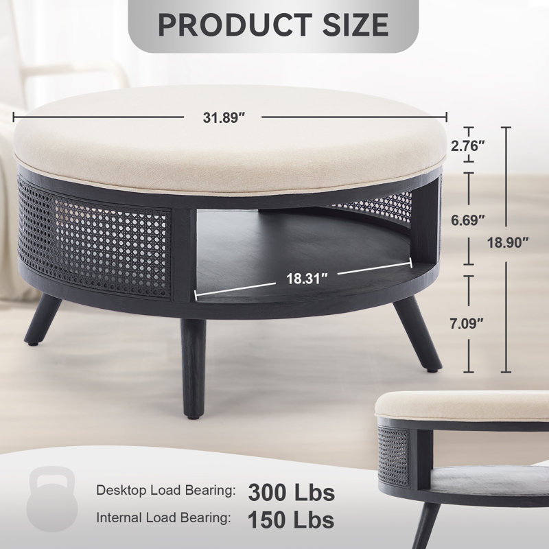 Pothos Round Rattan Coffee Table with Storage, Black