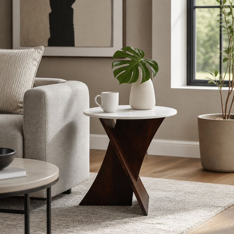 Twisted Round Marble Top Accent Table with Acacia Wood Base for Living Room - Sculptural Narrow End Side Table for Home Use - 21", Brown & White