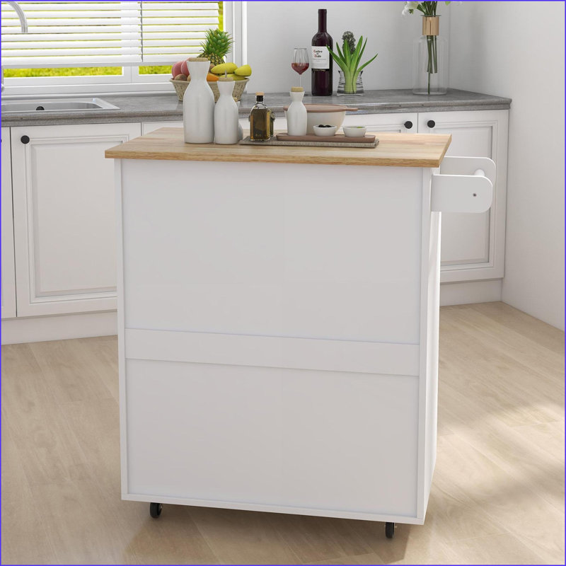 Îlot de cuisine avec chariot de rangement, plateau en bois d'hévéa, porte-serviettes et amp; Roues verrouillables | Blanc | Panneau de fibres à densité moyenne