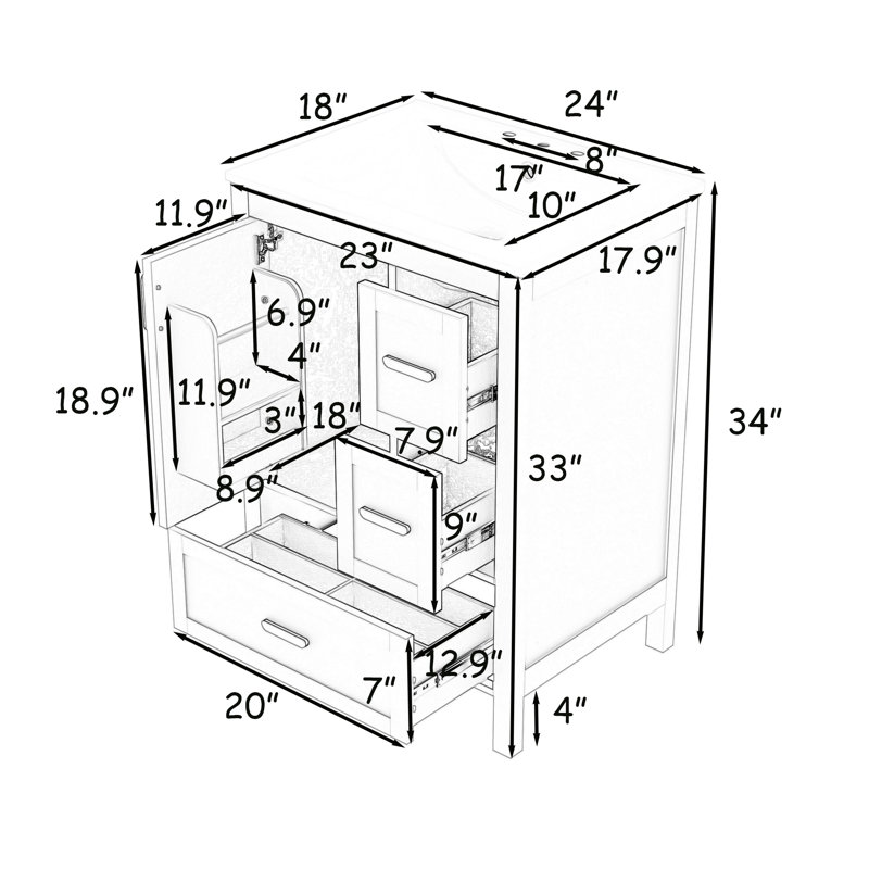 Meuble-lavabo 24 po avec lavabo, porte à fermeture en douceur et tiroirs 24 po, Noir