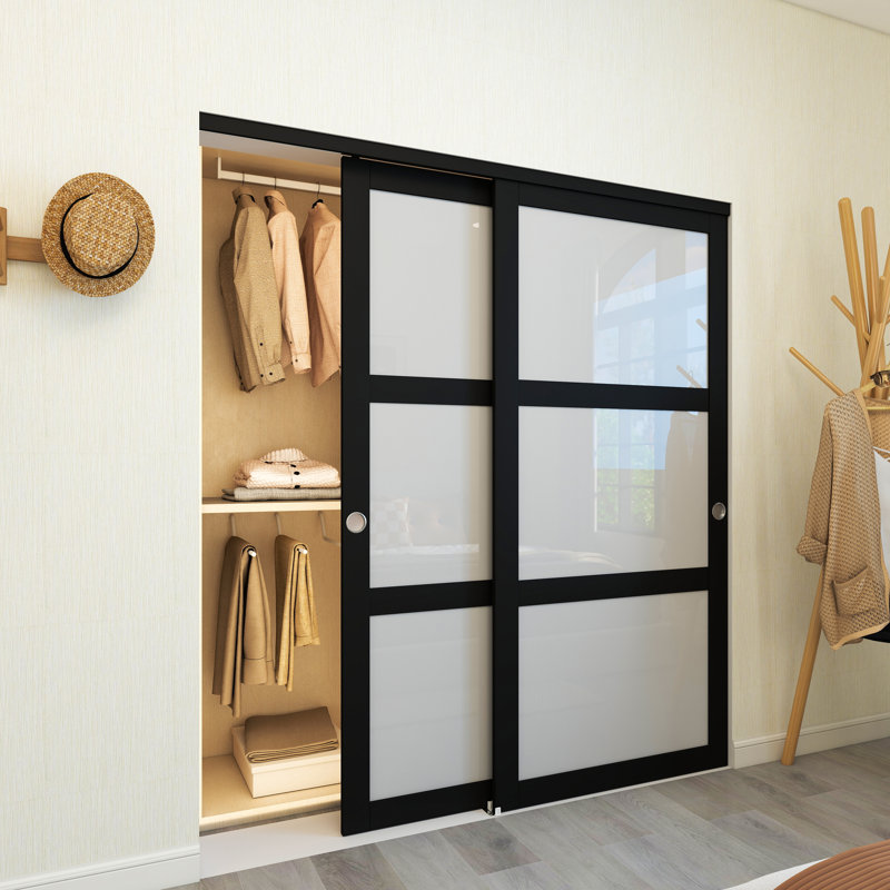 Portes de placard coulissantes à noyau solide en verre peint noir 72 po x 80 po 3 pièces avec quincaillerie, 72 po x 80 po