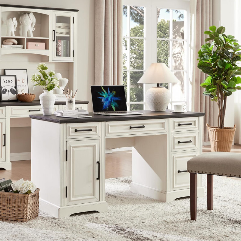 Ohana 58'' W Rectangle Computer Desk with Storage Cabinet and Drawers, Workstation for Office Home, Black/White