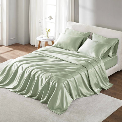 4 Pcs Luxury Twin Sage Satin Sheet - , Smooth & Silky, Gentle On Hair, Wrinkle , Comes With Pillowcases No Chemicals,