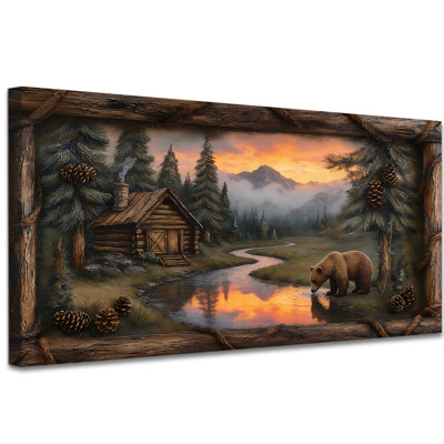 Bear Canvas Wall Art, Fake Window Framed Bear Pictures Wall Decor, Rustic Farmhouse Cabin Decor Painting, Animal Canvas Prints for Living Room Bedroom Ready To Hang with Hook 20x40 Inch