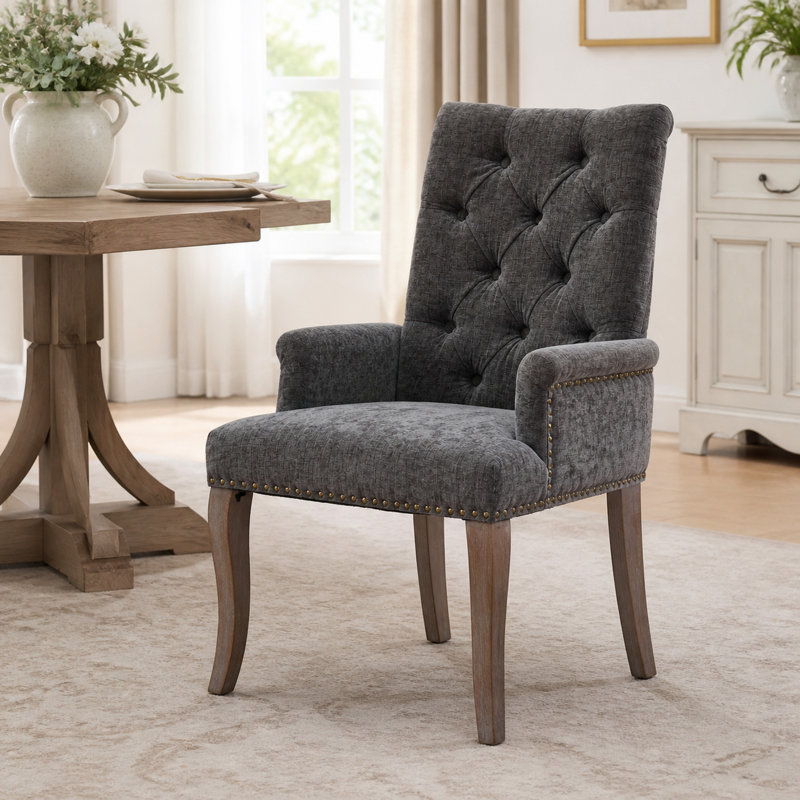 Chaise rembourrée capitonnée avec accoudoirs en chenille et pieds en bois massif, gris, Gris