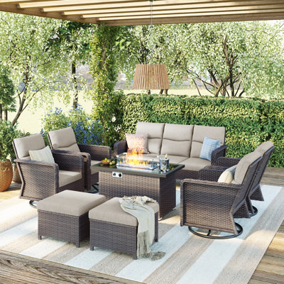 9 - Person Outdoor Swivel Rocking Chair Conversation Set With Fire Pit Table And Cushions