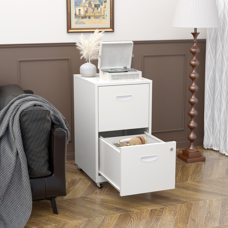 2 Drawer Rolling File Cabinet on Wheels, White Mobile Two Drawer Filing Cabinet with Lock, Small Files Cabinets for Under Desk, Metal Filing Cabinets for Letter Size Folders