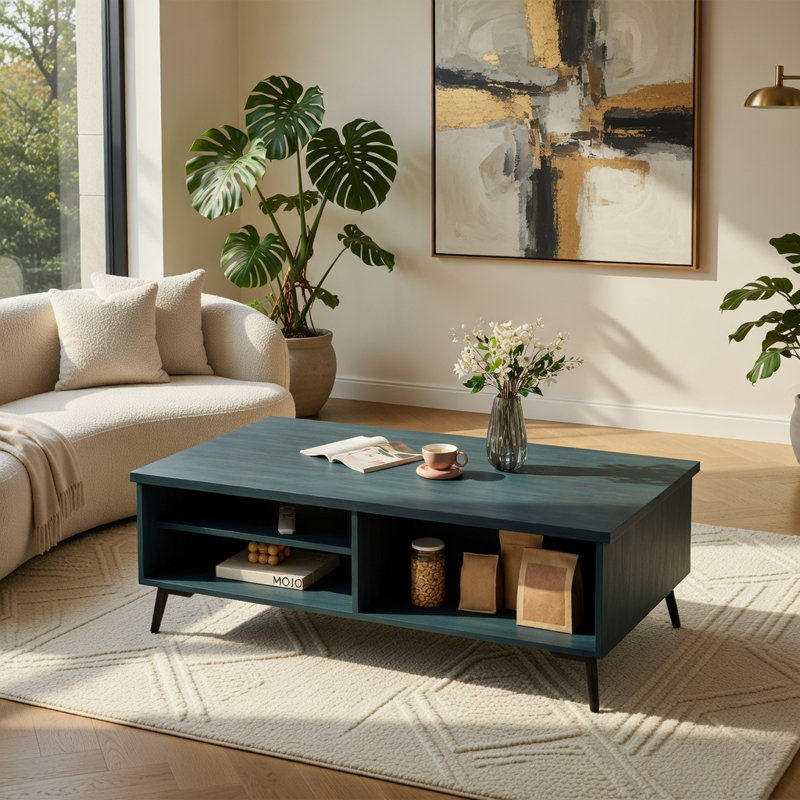 Table basse Hommoo Mid-Century moderne à 2 niveaux avec tablettes ouvertes et compartiments de rangement, Bleu