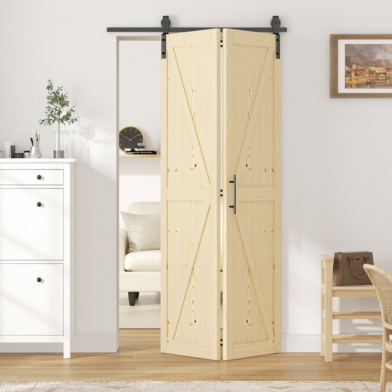 Porte de grange pliante de style K en bois de pin massif 84 po avec quincaillerie, 42 po x 84 po, 2