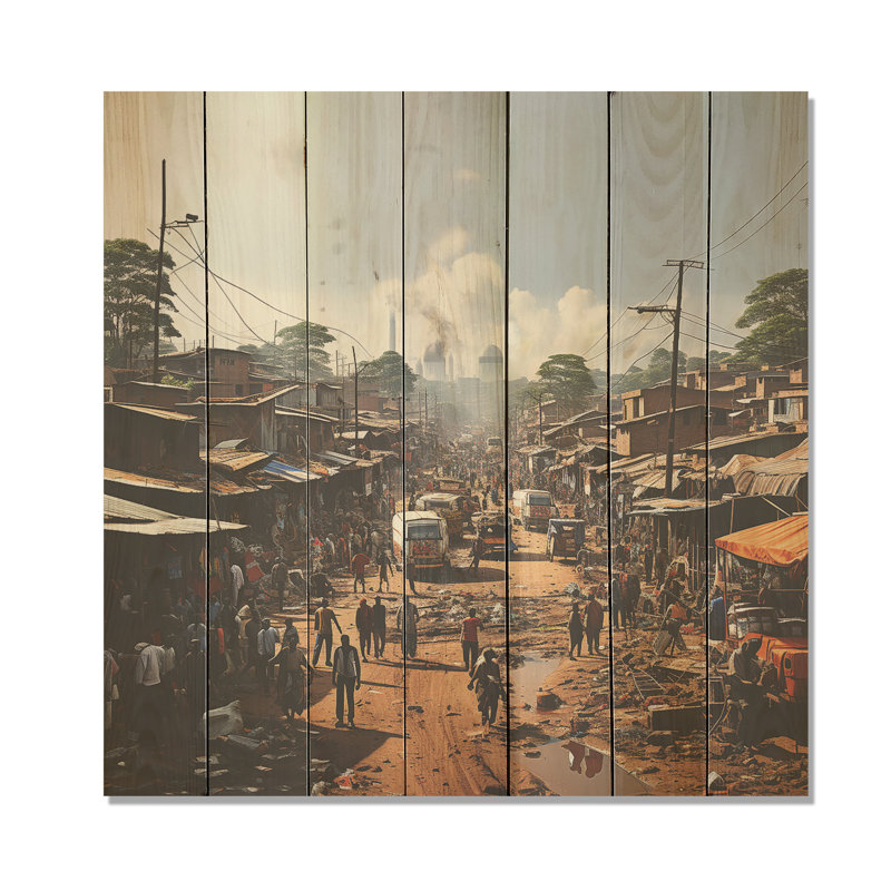 African Hausa Market Day - Cityscape On Wood Print, 15" H x 15" W