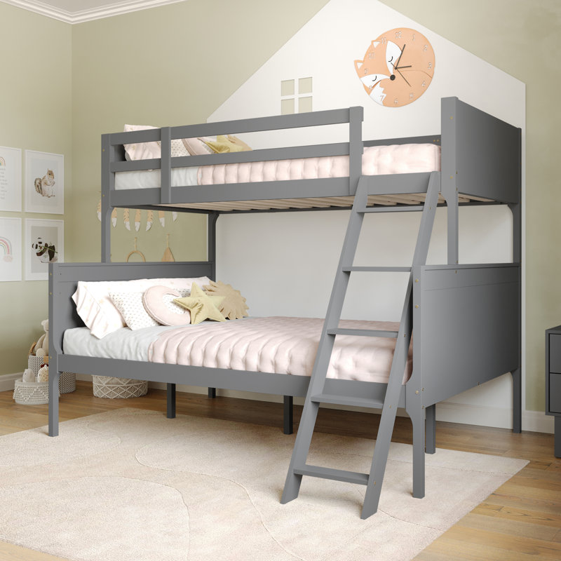 Convertible Solid Wood Bunk Bed Frame For Kids With Ladder, No Box Spring Needed, Gray, Twin over Full