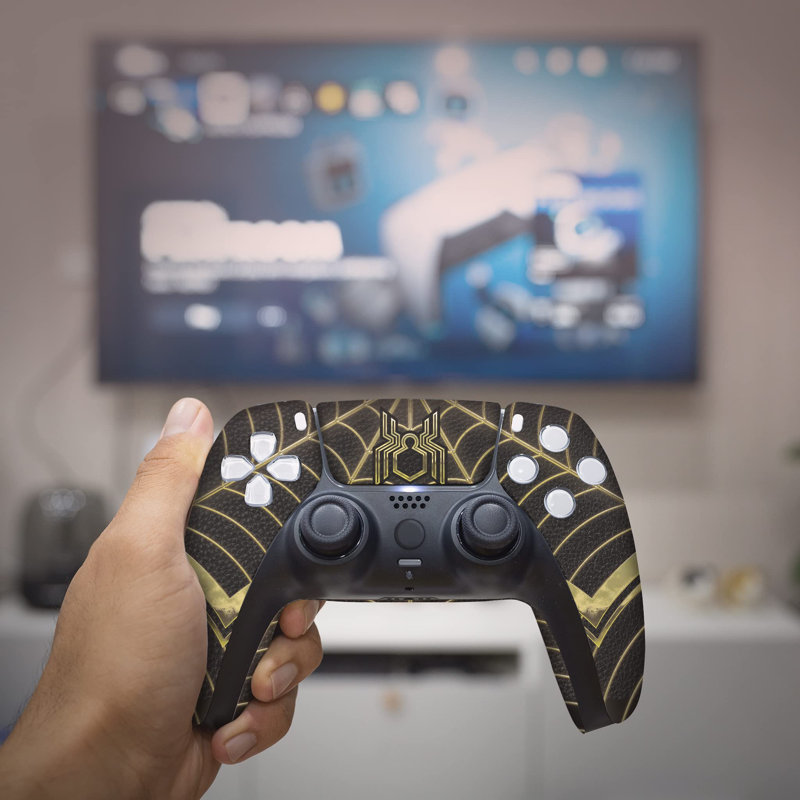 Manette sans fil Spiider-Man Gold PS-5 compatible avec la console Play-Station 5 de BCB Controllers | Fièrement personnalisé aux États-Unis avec une impression permanente par HYDRO-DIP (PAS JUSTE UNE PEAU)