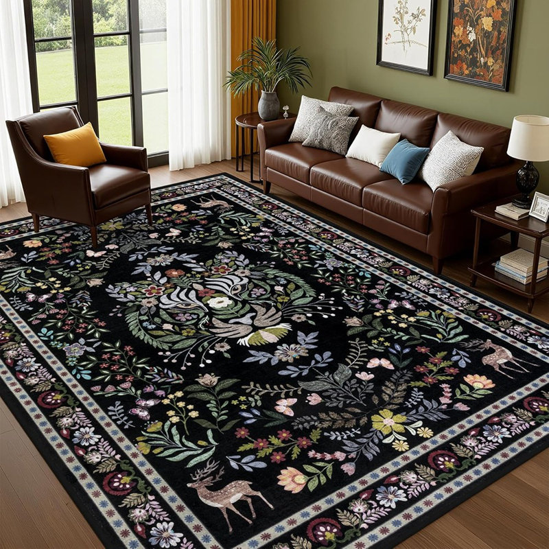 Area Rugs Living Room Rug: Vintage Washable Rug Floral Soft Carpet Indoor Floor Non-Slip Boho Stain Resistant Large Carpets For Bedroom  Nursery Dining Room Farmhouse Home Office Black