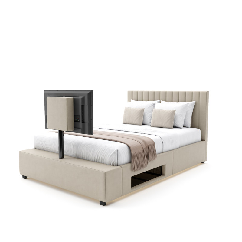 XR Living Maisie Fabric TV Bed with LED Lighting, Kingsize (5'), Cream