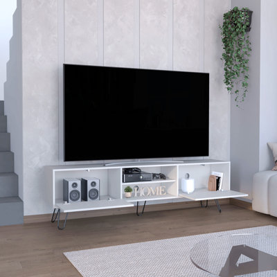 Meuble télé, support en épingle à cheveux avec rangement spacieux et trous de gestion des câbles, blanc