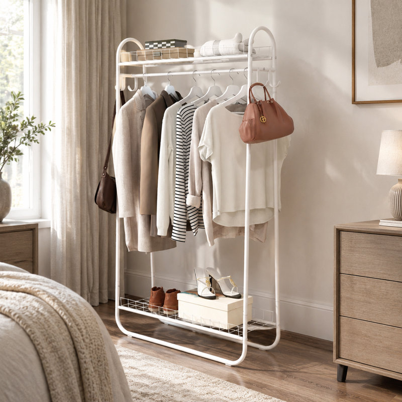 Portant à vêtements autoportant en métal blanc avec double tablette, robuste et mobile, pour chambre à coucher, 84 cm (L) x 30,7 cm (l) x 163 cm (H)