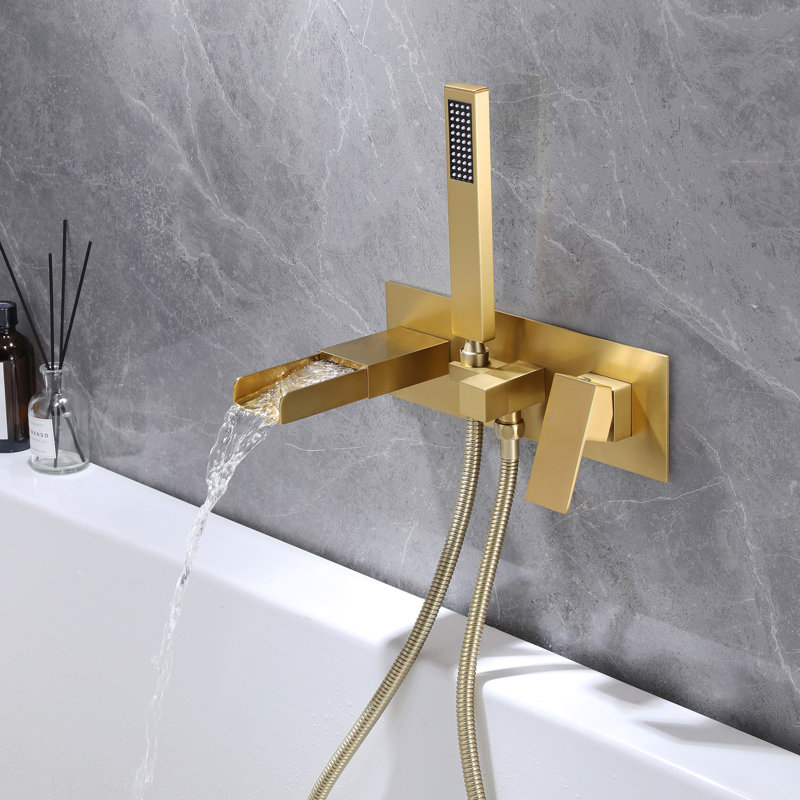  7" Wall Mounted Waterfall Tub Filler, Solid Brass Bathroom Tub Faucet with Hand Shower, Brushed Gold