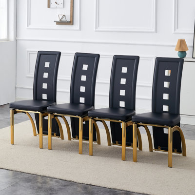 Ensemble de 4 chaises de salle à manger minimalistes modernes, en cuir noir avec dossier creux géométrique et structure en métal doré, pour la cuisine, la salle à manger et le salon - noir + doré + métal + cuir synthétique + ensemble de 4