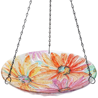 12 Inch Watercolour Daisy Glass Bird Water Bowl Bird Feeders For Outside