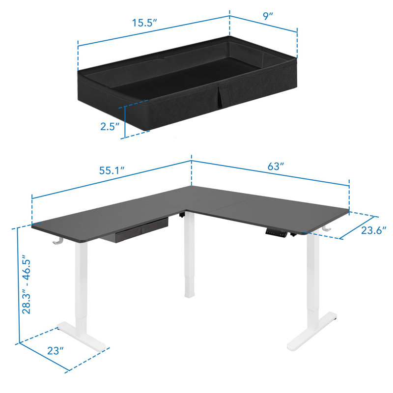 Large Black Adjustable Height Corner Standing Desk with Drawer