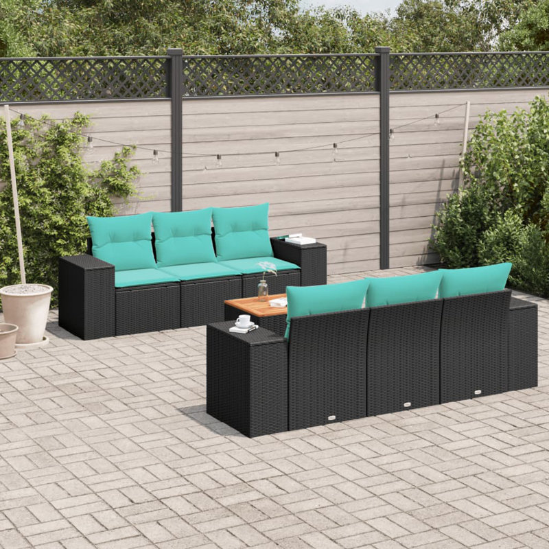 Ensemble de canapé de patio 7 pièces avec coussins en rotin de polyester, Bleu clair, Noir