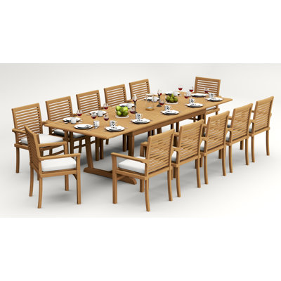 9 Pcs Grade-A Teak Wood Dining Set: 118" Double Extension Mas Rectangle Trestle Leg Table And 8 Mas Stacking Arm Chairs #11MS2508