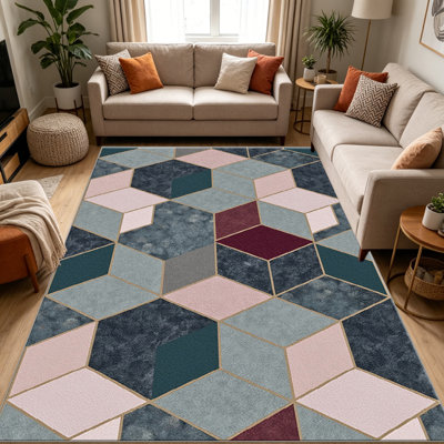 Tapis en marbre hexagonal bleu sarcelle pour le salon, doux et confortable, adapté à toutes les saisons, facile à entretenir, tapis de sol intérieur lavable à la machine, ferme sous la table convenant à la chambre à coucher, à la salle à manger, au bureau, au balcon et au patio