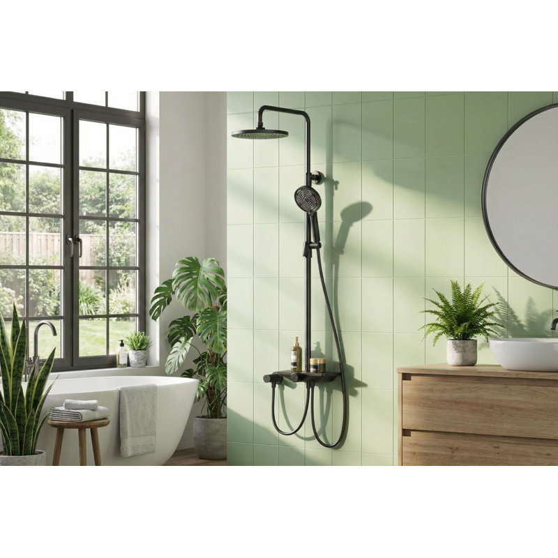 Wall-Mounted Rain Shower System with Shelf, 250mm Round Overhead Head + 3+1 Function Handheld, Height-Adjustable Shower Rail, Stainless Steel/Copper Faucet, Matte Black