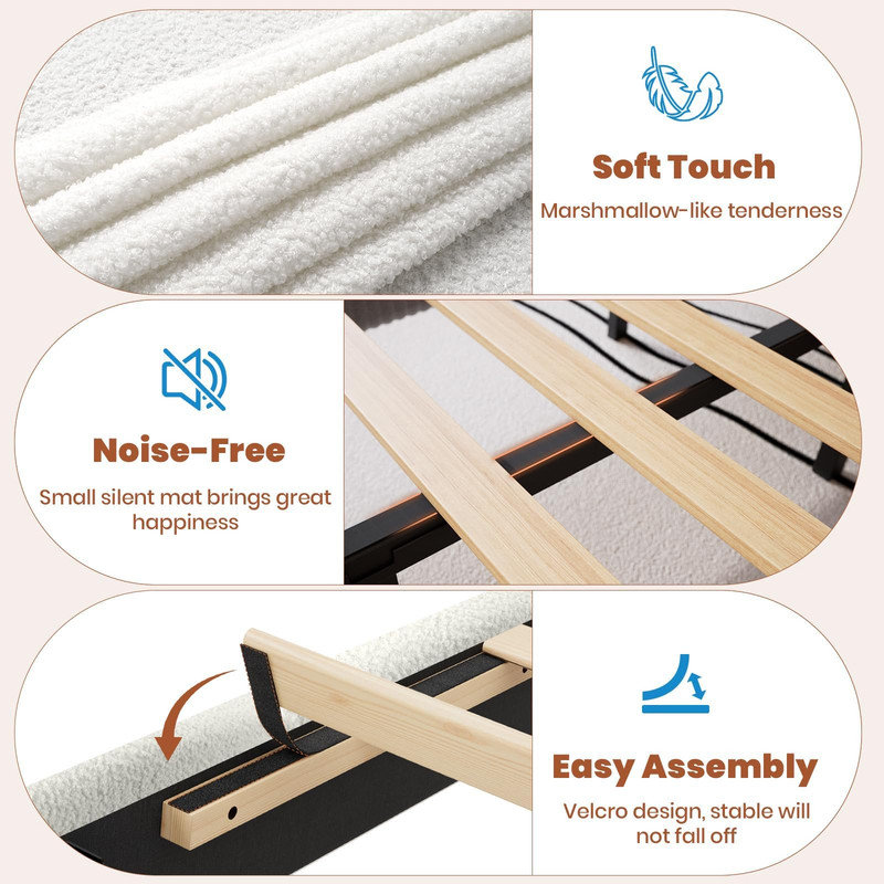 Structure de lit simple rembourré avec tissu bouclé, tête de lit à DEL RVB, 2 tiroirs de rangement, lattes en bois robuste, blanc