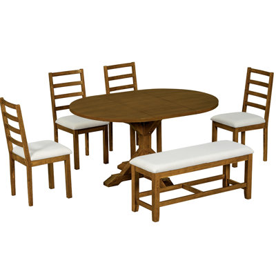 Ensemble de table de salle à manger à rallonge 60 pouces Farmhouse 6 pièces avec rallonge amovible 18 pouces, banc 44 pouces et 4 chaises à dossier échelle
