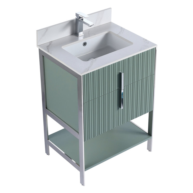 Meuble-lavabo moderne avec plateau en pierre Serenity, Vert menthe / chrome, 24", Marbre de Carrare blanc