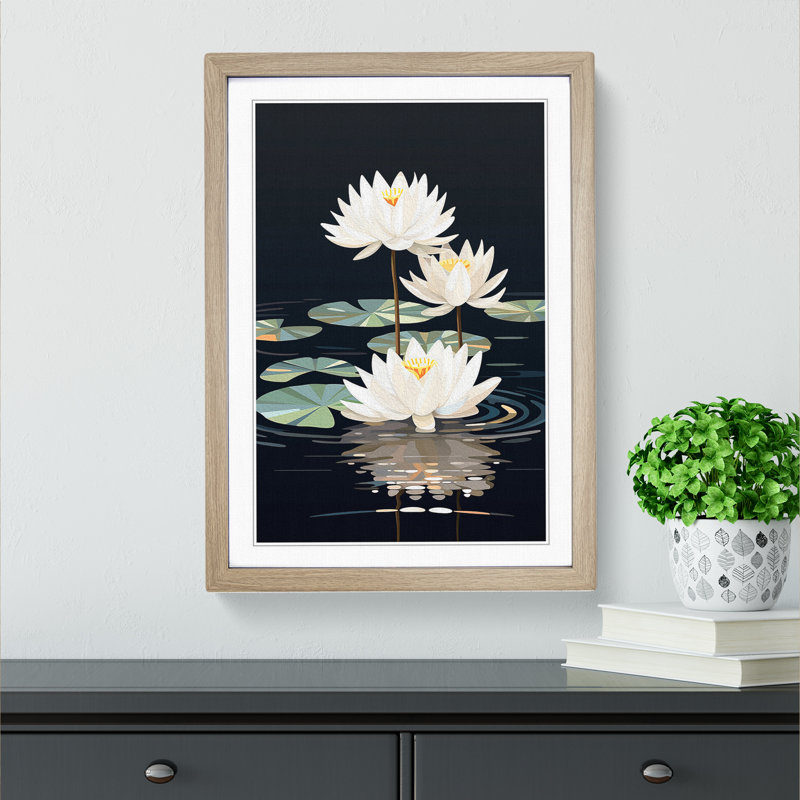 Water Lily Art Deco No.3 - Framed Print, 46cm H x 34cm W x 2cm D, Oak