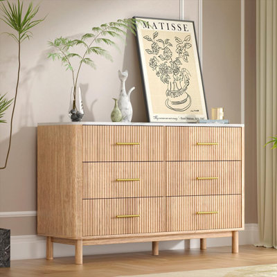 FHOMELN Wood Dresser for Bedroom, Fluted 6-Drawer Modern Chest with Faux Marble Top, 47" Wide Organizer with Spacious Storage and an Easy-Wipe Marble