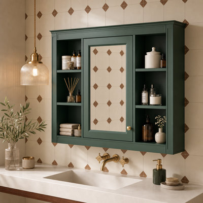 Armoire de rangement à miroir double vert foncé avec poignées en laiton