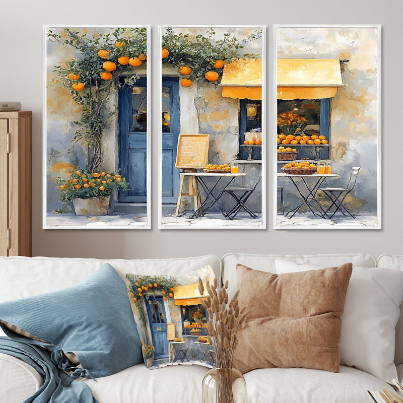 French Cafe in Yellow and Blue Tones - French Cafe Wall Art, ensemble de salon, Toile encadrée flottée blanche
