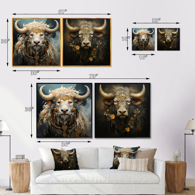 Silhouette baroque yak - animaux, ensemble de 2 collages carrés yak, Cadre flottant noir, H 16 po x l 33 po