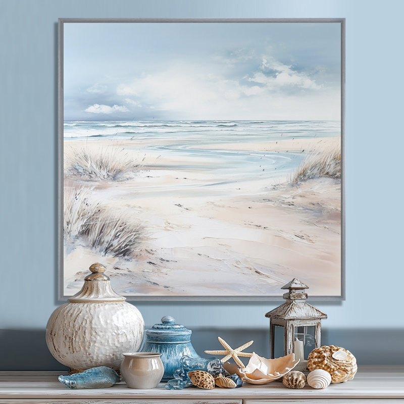 «Coastal Beach Charm In Winter - Coastal Beach Sand», reproduction sur toile encadrée, 30" H x 30" W, Silver Picture Framed