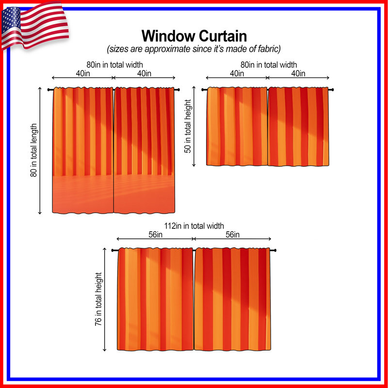 Rideaux de fenêtre orange à rayures verticales et voilage - 2 panneaux, 20in x 60in - 2 panels, Transparent