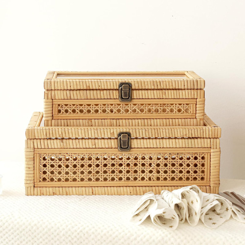 Blynda Rattan 2-Piece Decorative Box Set with Glass Top, Natural