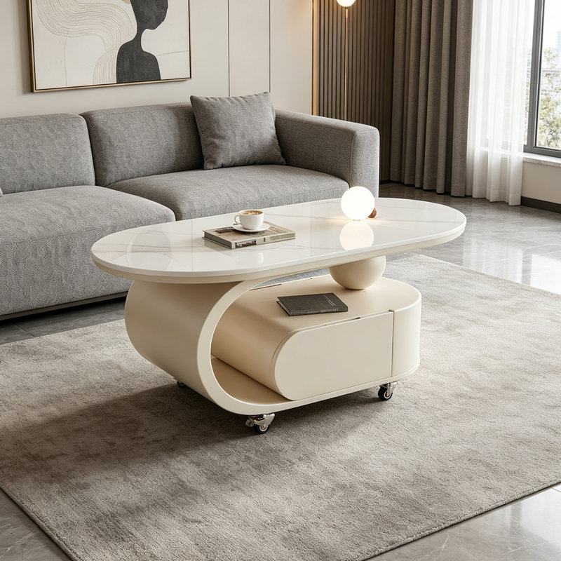 Table basse moderne de style crème, H 17,71 po x L 31,49 po x l 15,74 po, Plateau blanc / base crème