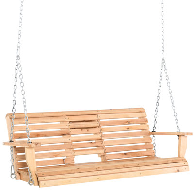 Patio Swing With Armrest Cup Holders, 440lbs Capacity, Wood Stained, Outdoor Enjoyment 2-3 Person Wooden Swing, Slatted Design, Natural Finish, Backyard