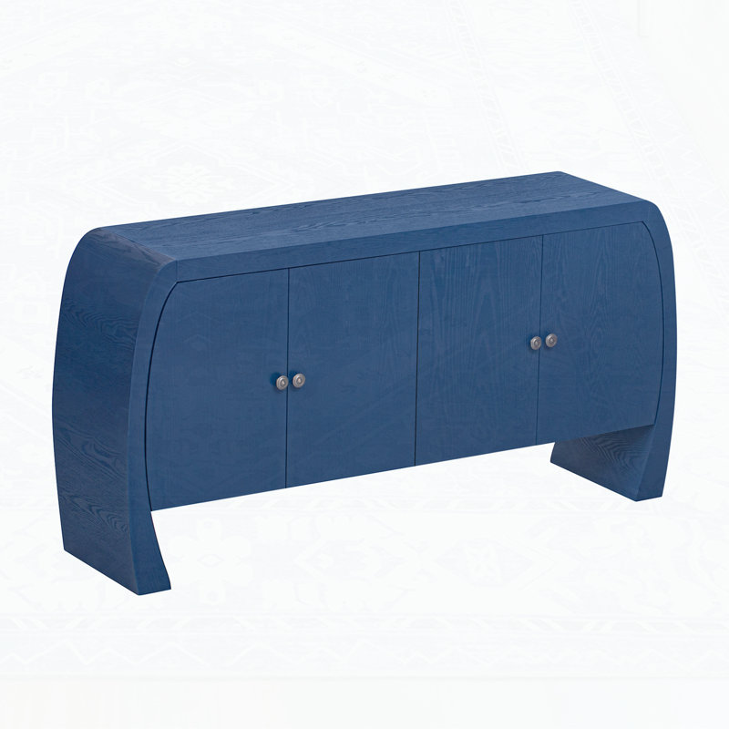 Four-Door Ash Veneer Storage Cabinet with Curved Legs, Navy Blue