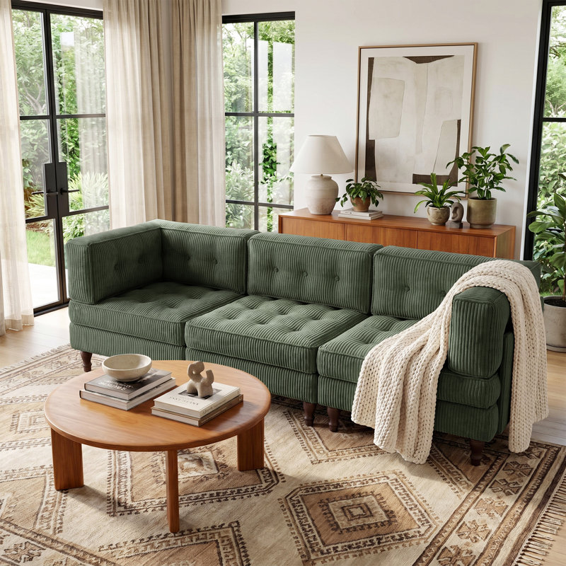 Canapé modulaire en velours côtelé capitonné 3 pièces avec dossier coussiné 3 pièces, H 31,8 po x l 97,9 po x P 32,6 po, Vert