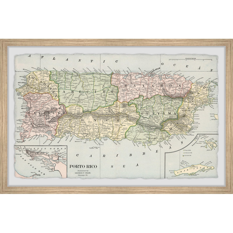 «Puerto Rico Colored Map» - Reproduction sur papier encadrée, H 24 po x l 36 po x P 1,5 po