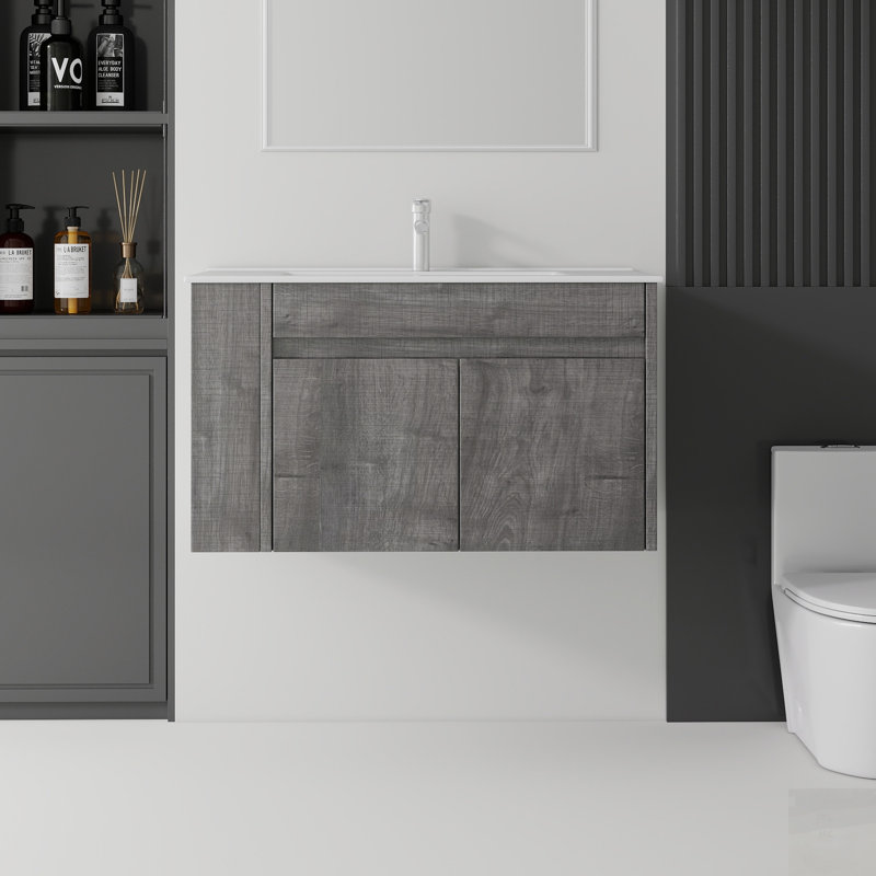 Meuble-lavabo flottant avec porte à fermeture en douceur, lavabo en céramique et fabrication en contreplaqué durable, Gris