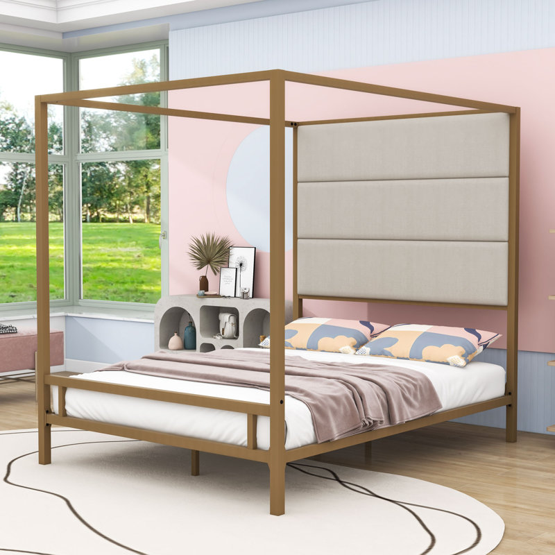  Metal Canopy Bed with Upholstered Headboard, Gold, Queen