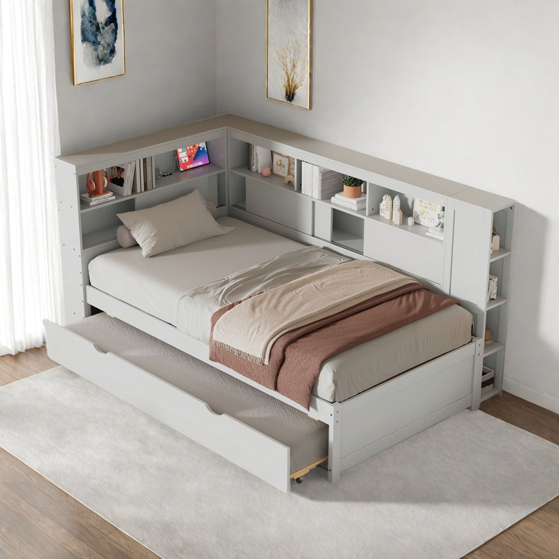 Wood Daybed With Storage Shelves, Charging Station And Trundle, White