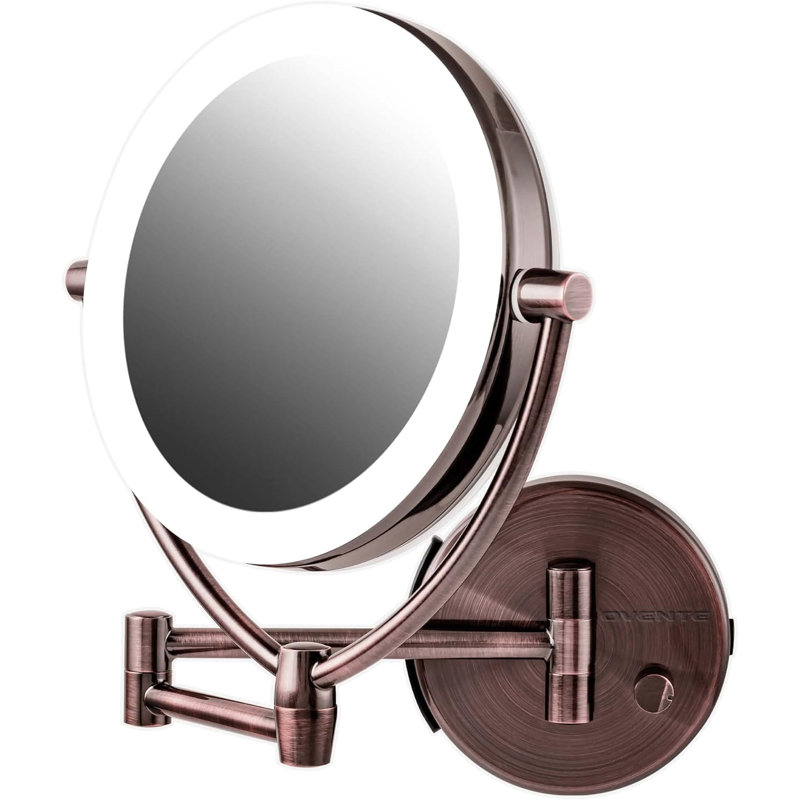 Ovente 7.5" Lighted Wall Mount Makeup Mirror, 1X & 10X Magnifier, Spinning Double Sided Round LED w/ Dimmer Switch, Extend, Retractable & Folding Arm, Battery USB Powered Antique Brass MLW75AB1X10X